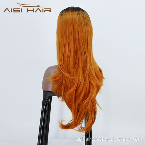 Aisi Hair Wholesale Vendor Body Wave Curly Long Wavy Ombre Orange Lace Frontal Synthetic Hair For Black Women Lace Front Wig